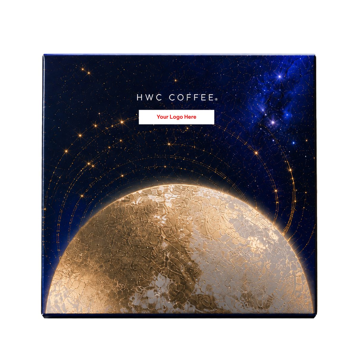 MOONVEIL gift box showing 'Your Logo Here' placement — 6cm × 2cm custom logo print area on the front of the box