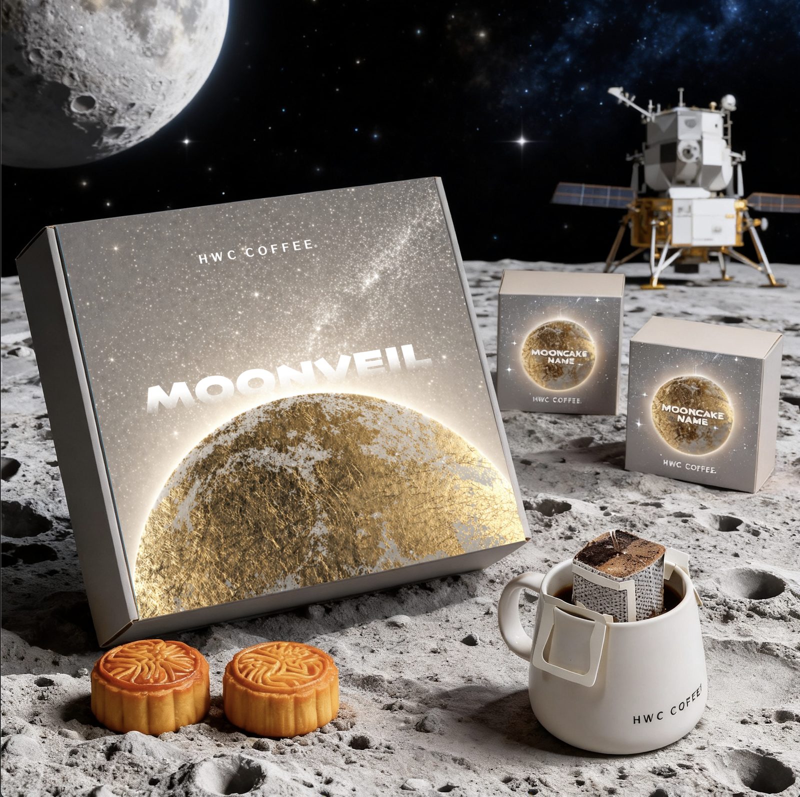 MOONVEIL Mid-Autumn Gift Box by HWC Coffee — galaxy-finish box, mooncakes, coffee mug and drip coffee