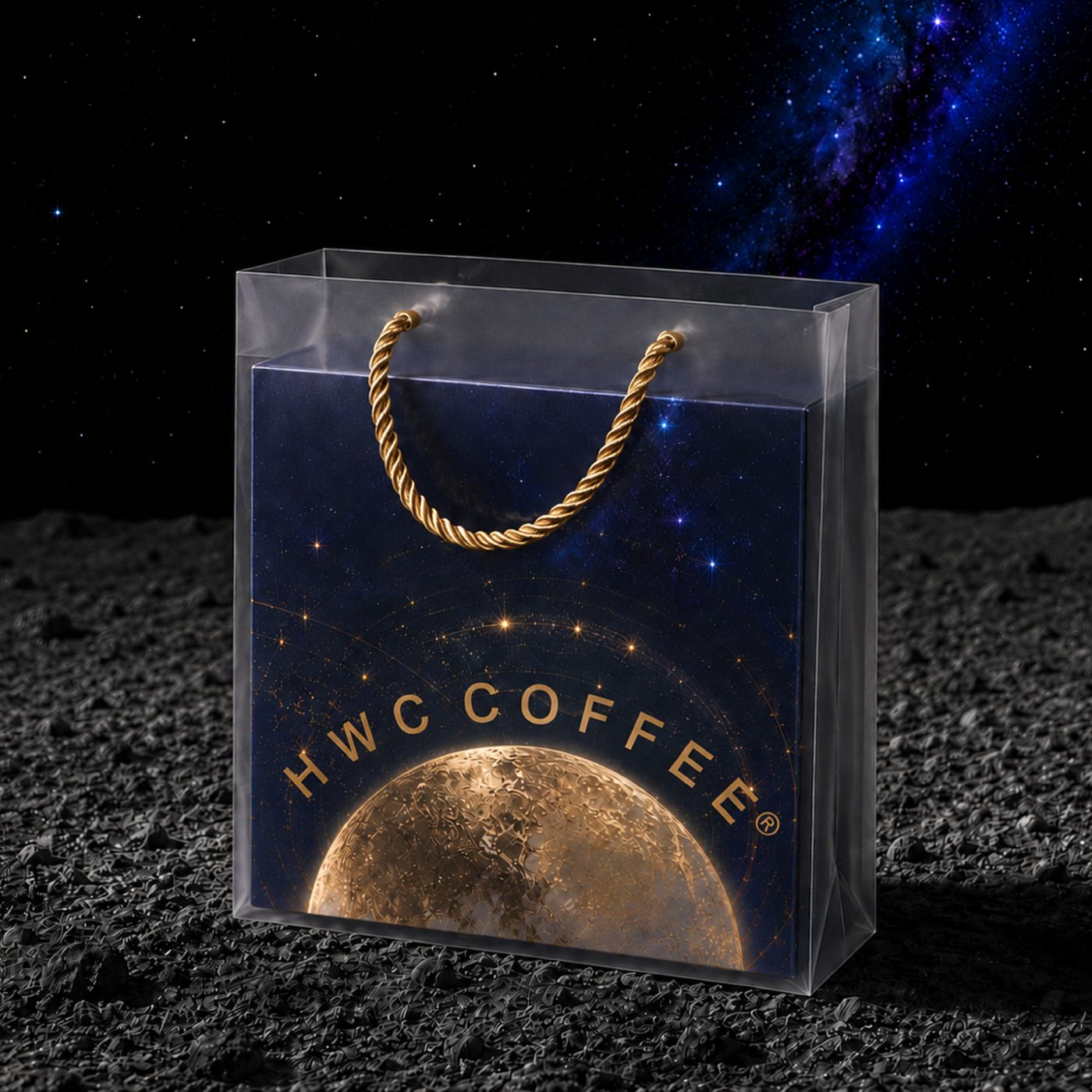 MOONVEIL presentation bag — transparent carry bag with gold rope handles containing the deep-blue constellation gift box