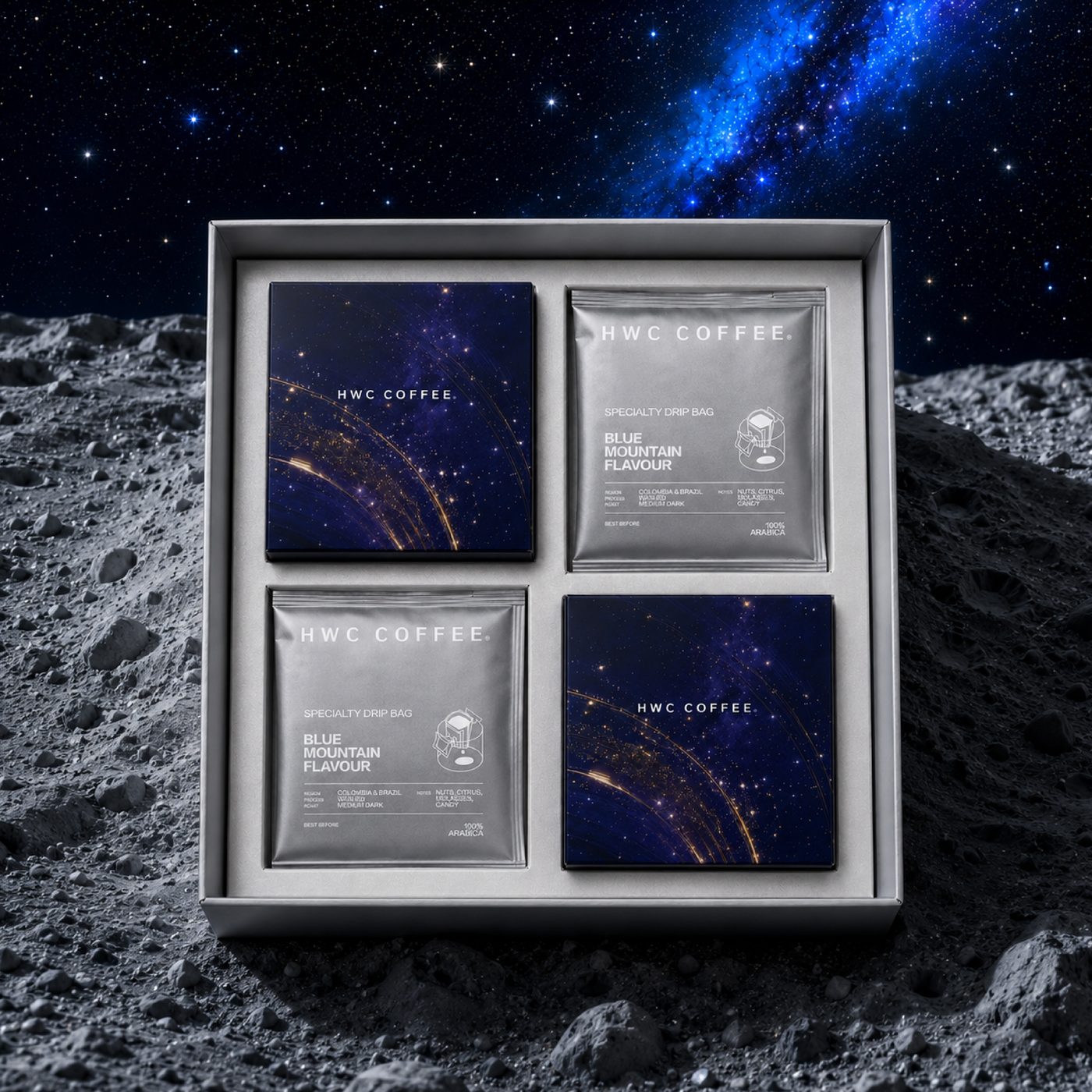 MOONVEIL open gift box interior — 2 constellation mooncake boxes and 2 HWC Specialty Drip Bag sachets
