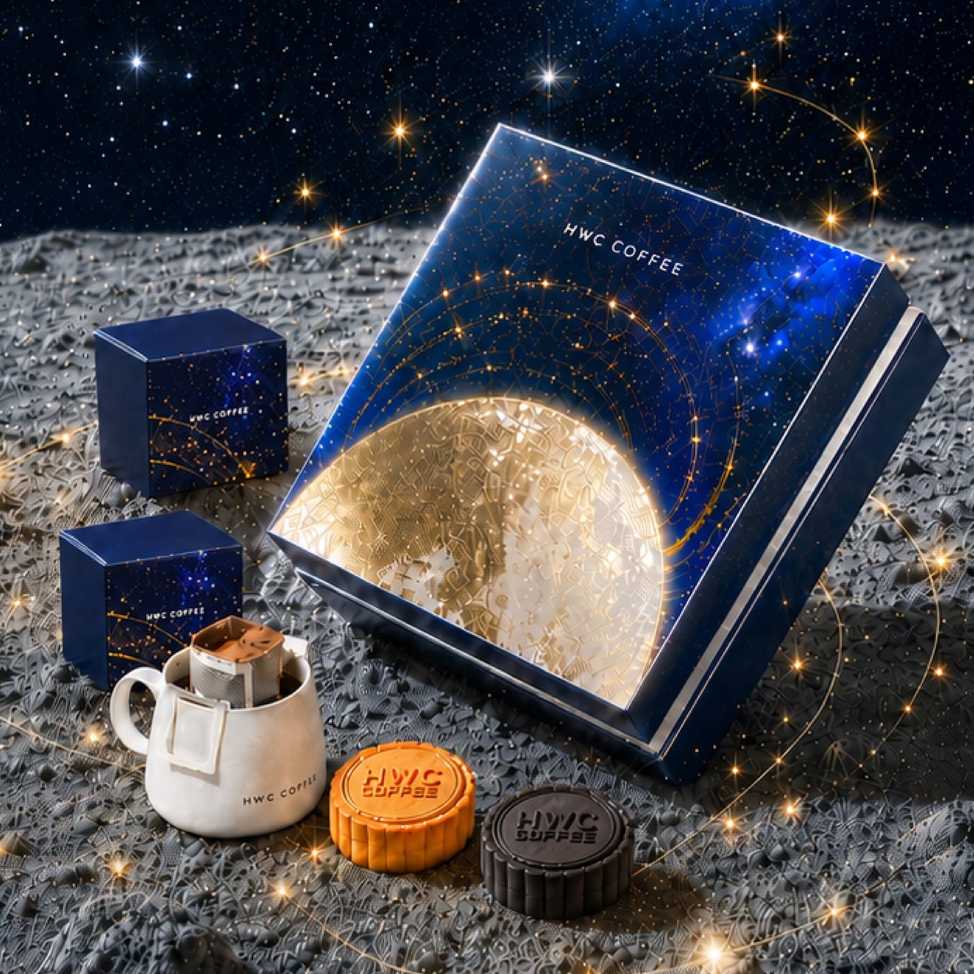 MOONVEIL gift set on moon surface — deep-blue constellation gift box with 2 mini mooncake boxes, HWC Coffee mug and 2 mooncakes