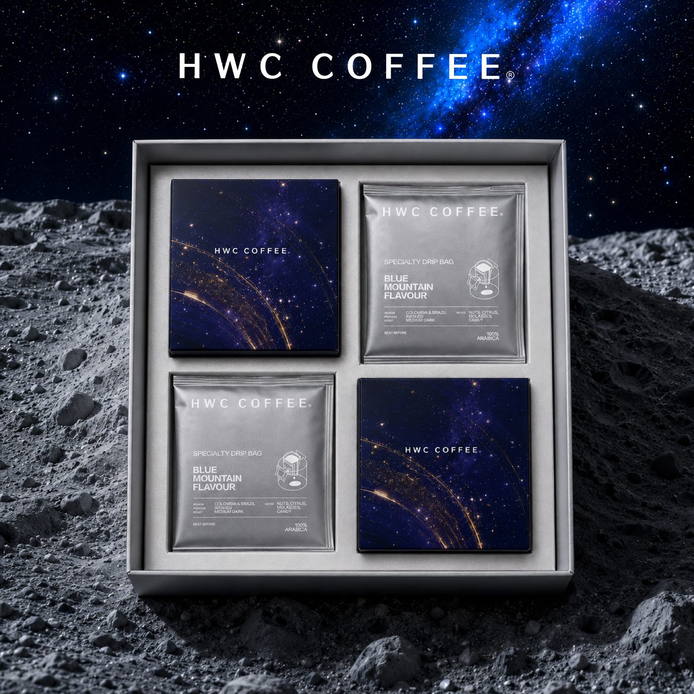 MOONVEIL gift box interior — HWC specialty drip bags and mooncakes in a deep-blue constellation-themed presentation